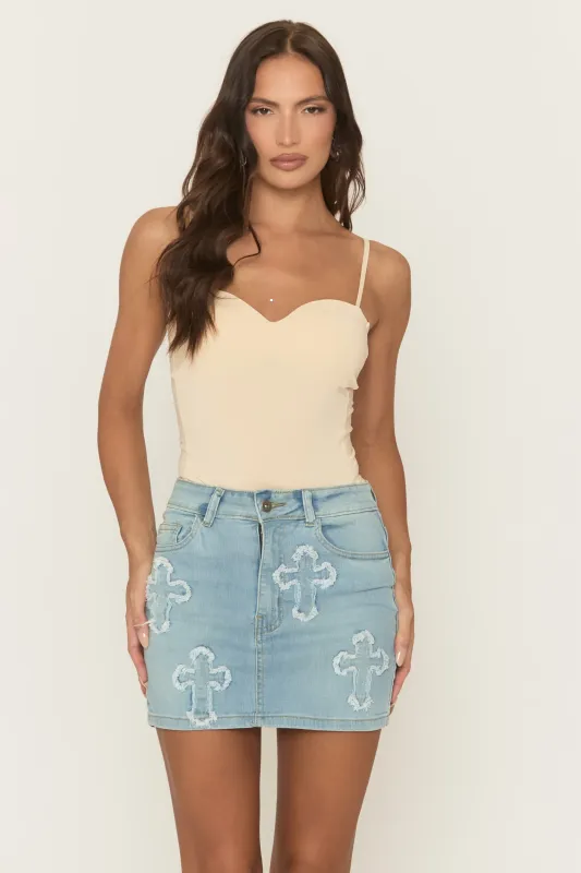Blue Wash Cross Detail Denim Mini Skirt - Jurella sold by Rebellious Fashion