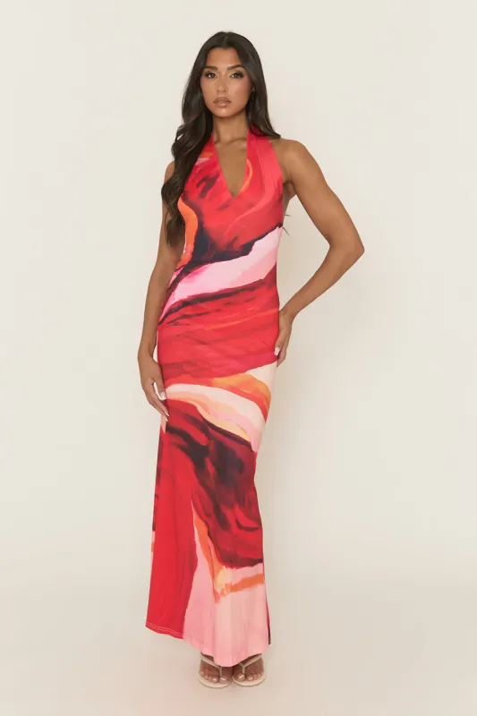 Red Printed Halterneck Maxi Dress - Preta sold by Rebellious Fashion