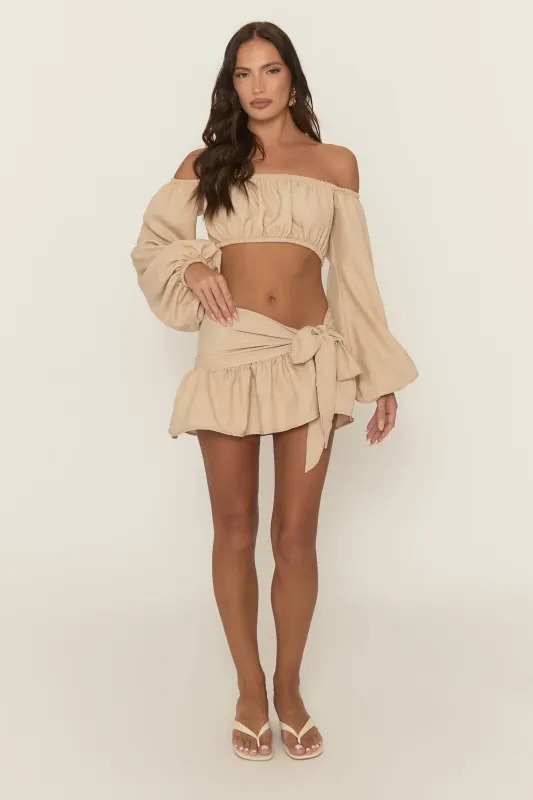 Beige Linen Look Bardot Top and Skirt Co-ord Set - Hellan sold by Rebellious Fashion