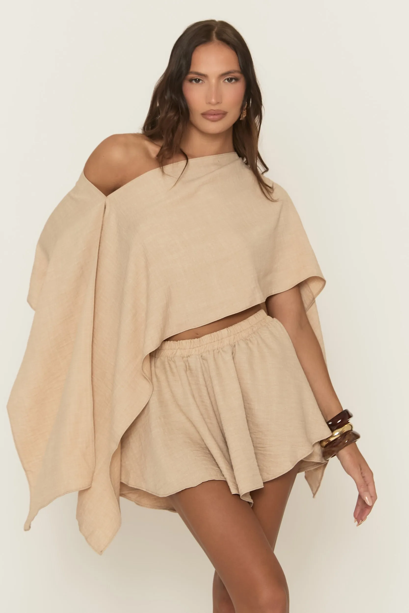 Beige Linen Look Asymmetric Top and Skort Co-ord Set - Keona sold by Rebellious Fashion product image thumbnail 3