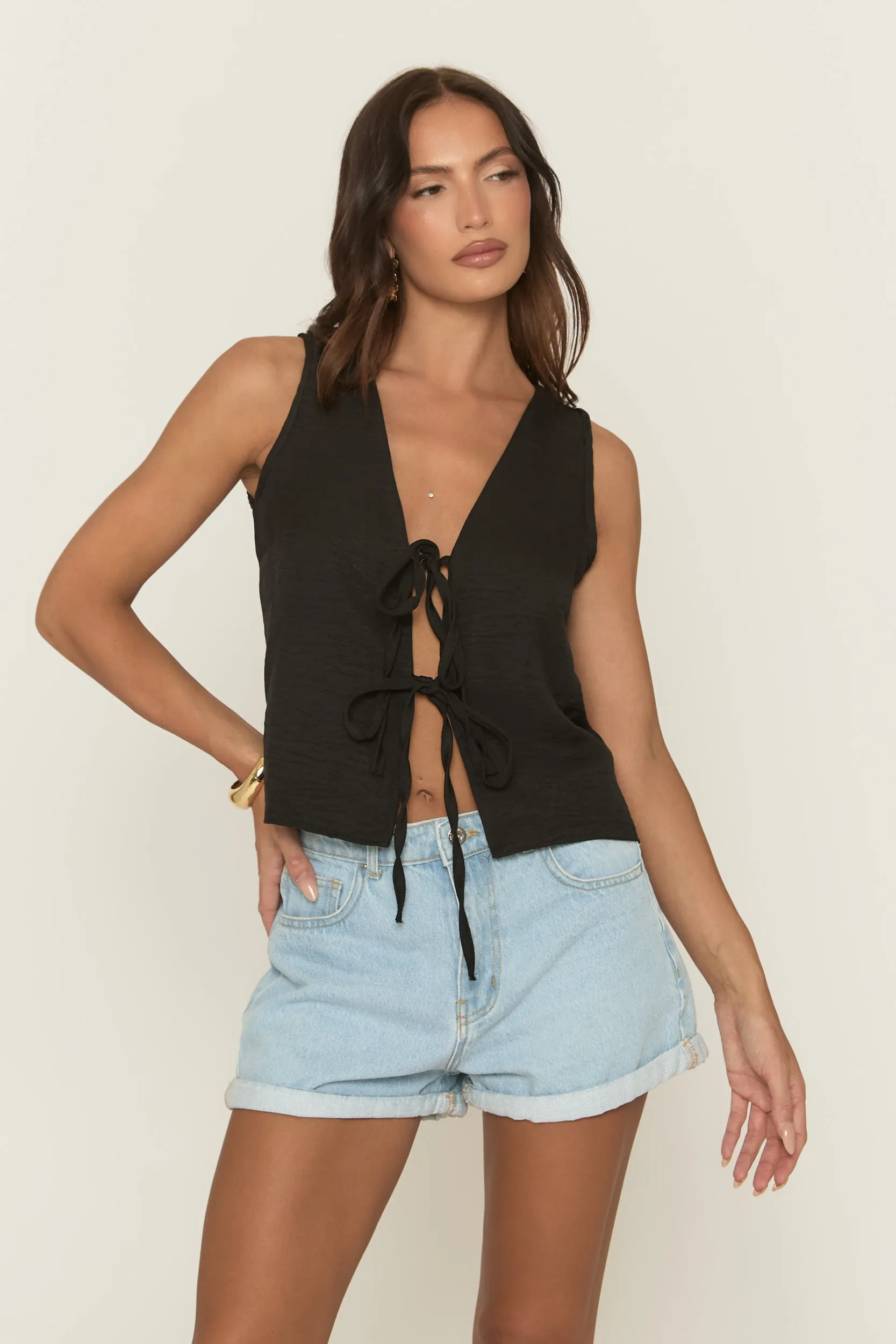 Black Linen Look Tie Front Top - Ashleen sold by Rebellious Fashion product image thumbnail 4