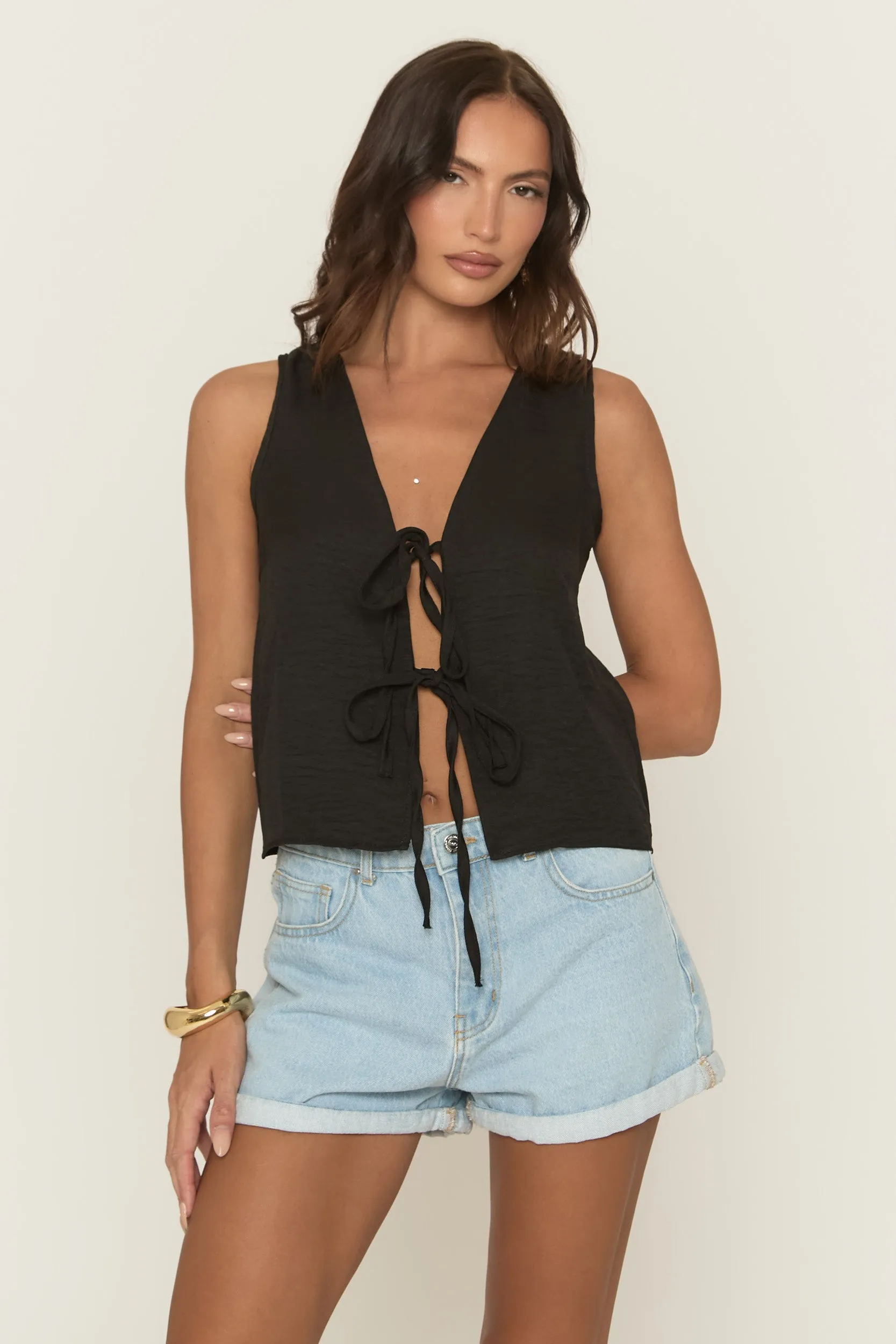 Black Linen Look Tie Front Top - Ashleen sold by Rebellious Fashion