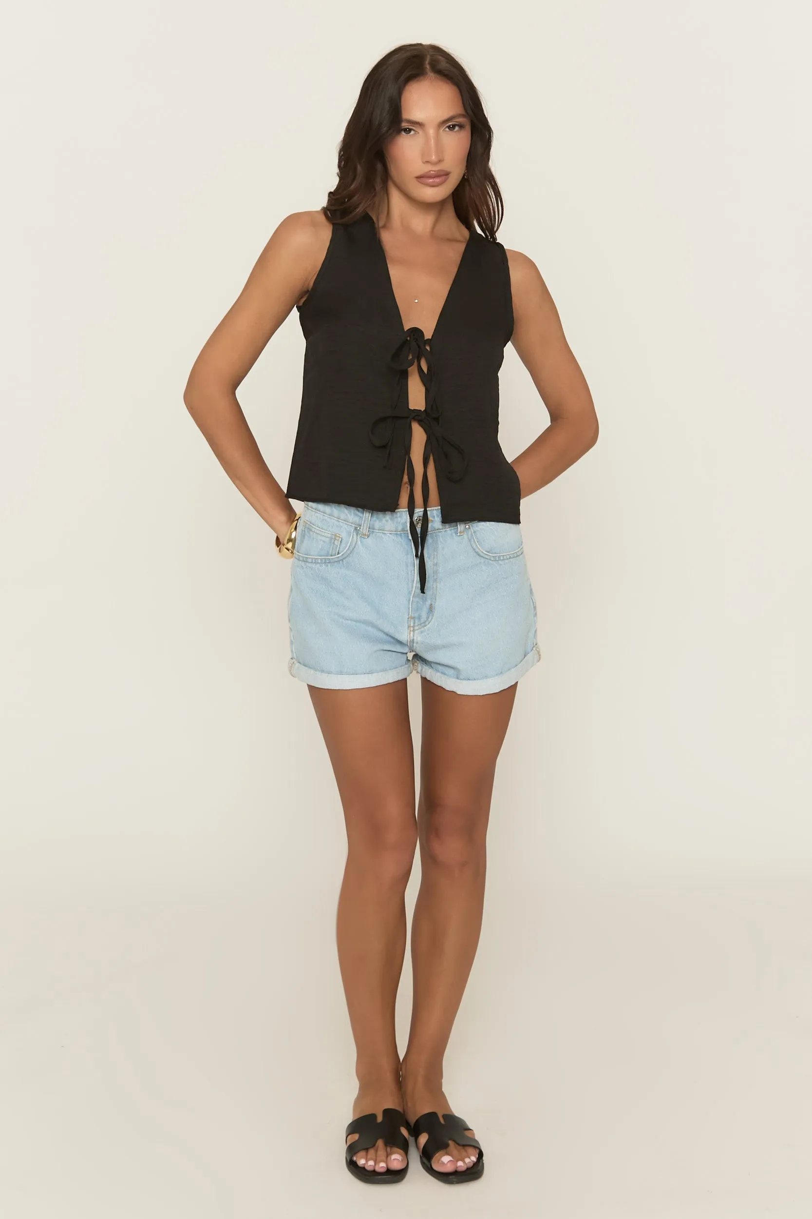 Black Linen Look Tie Front Top - Ashleen sold by Rebellious Fashion product image thumbnail 2