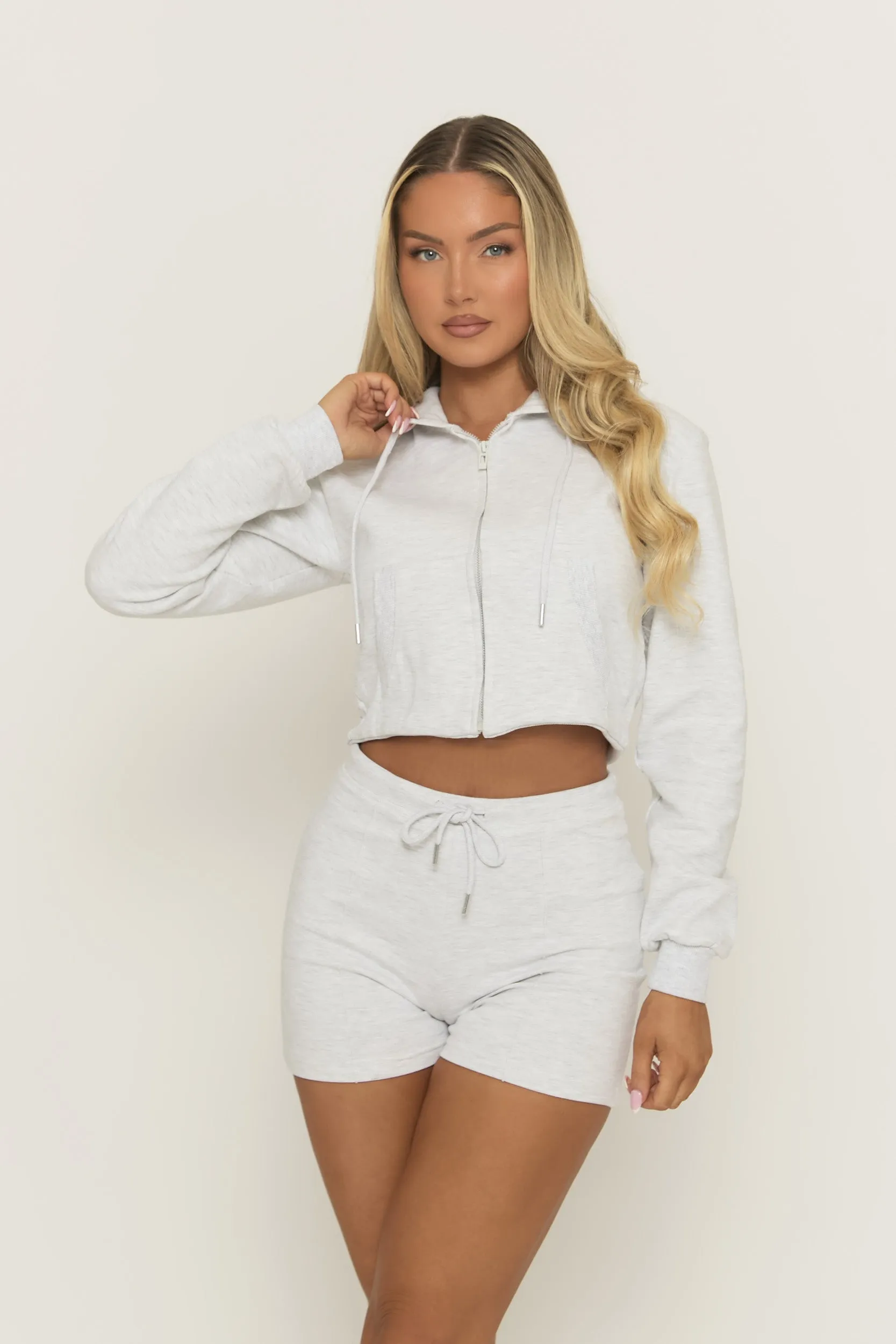 Grey Marl Seam Detail Hoodie and Shorts Loungewear Co-Ord Set - Armella sold by Rebellious Fashion
