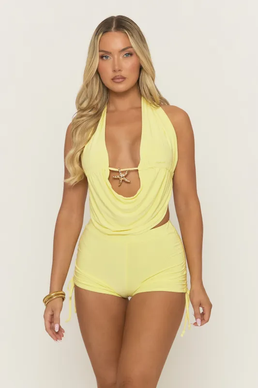 Yellow Starfish Trim Top and Ruched Short Co-ord Set - Airida sold by Rebellious Fashion