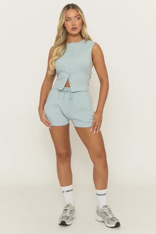 Light Blue Sleeveless Button Front Rib Top and Short Co-ord Set - Zita sold by Rebellious Fashion