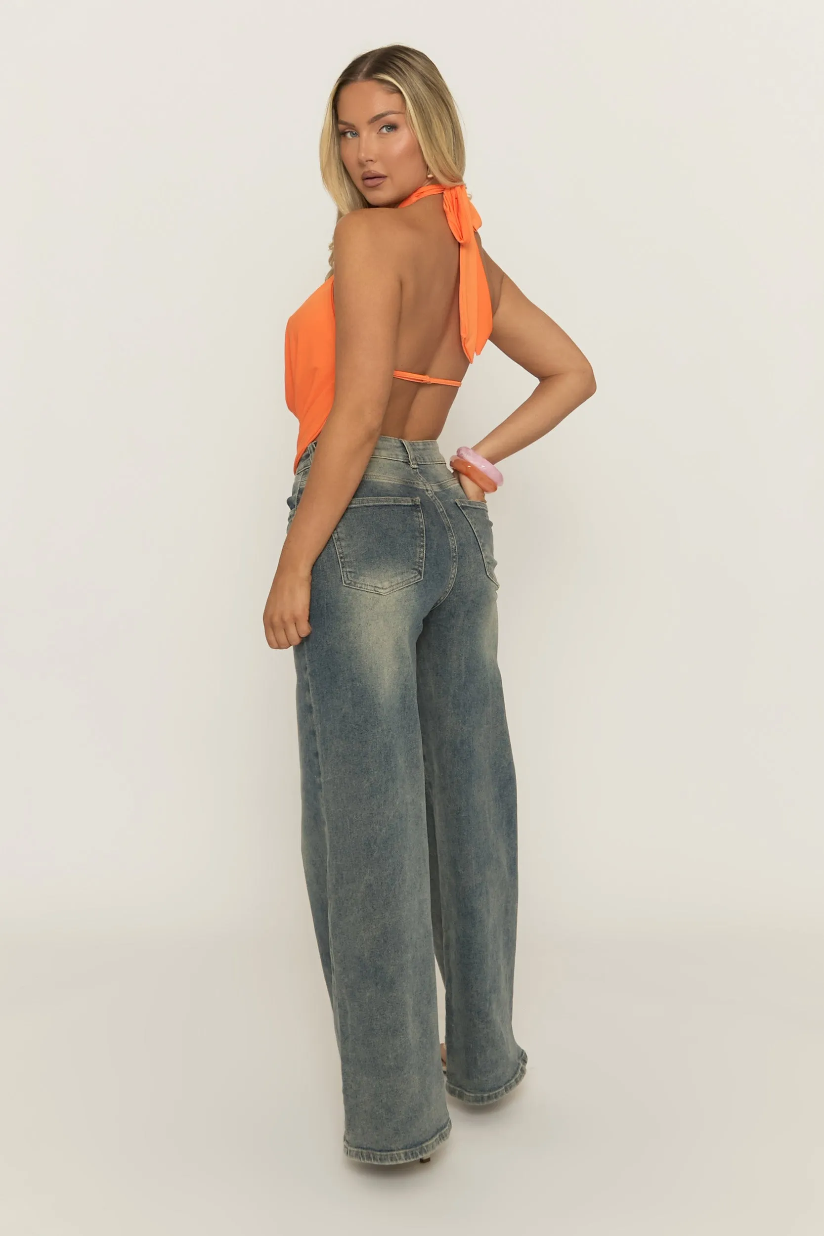 Orange Flower Detail Plunge Cowl Halter Top - Aralan sold by Rebellious Fashion product image thumbnail 4