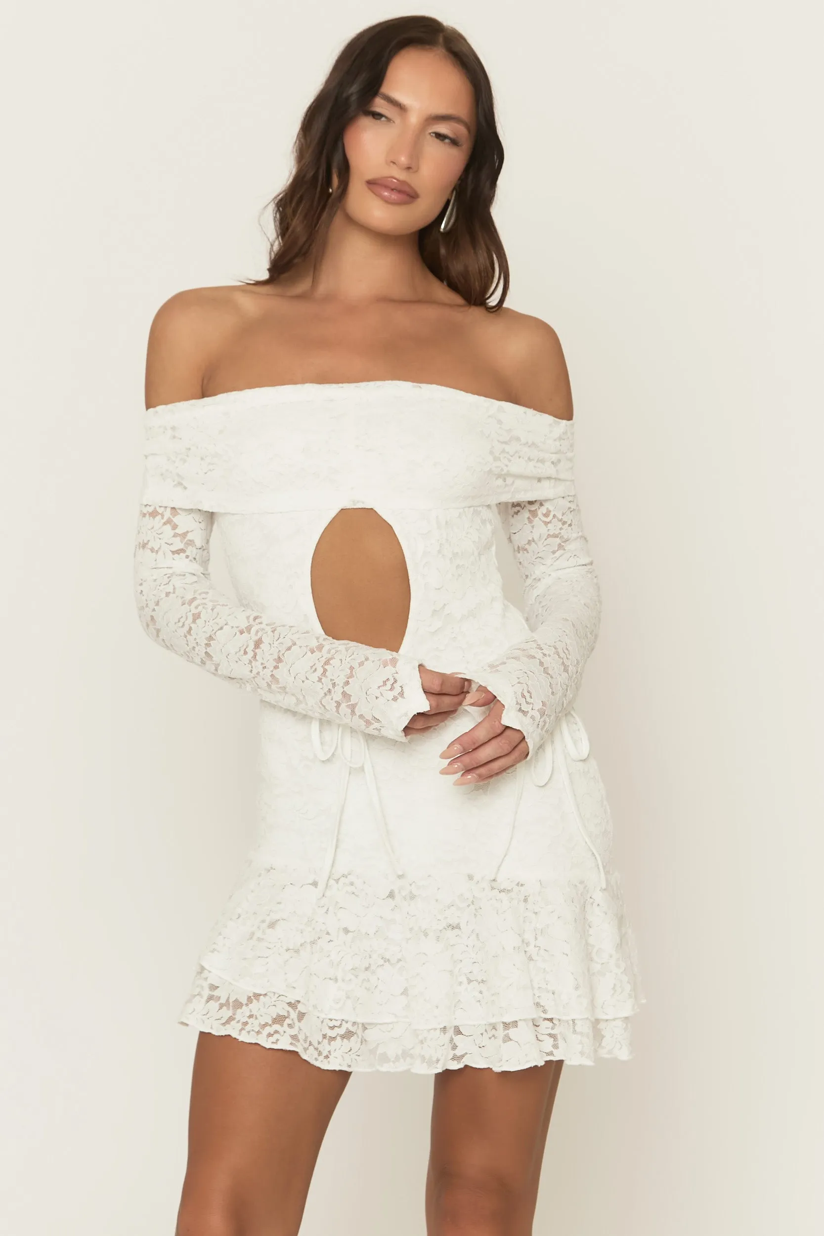 White Lace Bardot Frill Detail Mini Dress - Katleen sold by Rebellious Fashion product image thumbnail 2