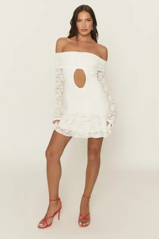 White Lace Bardot Frill Detail Mini Dress - Katleen sold by Rebellious Fashion