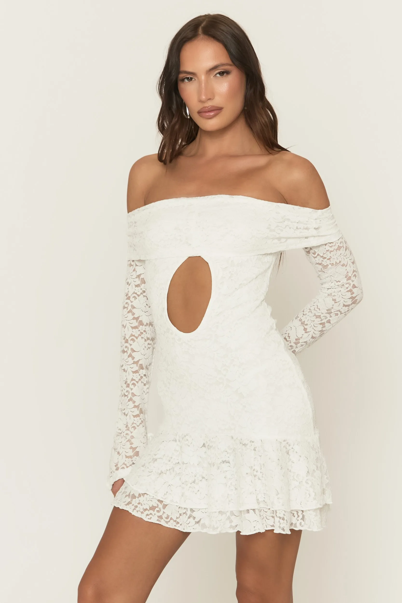 White Lace Bardot Frill Detail Mini Dress - Katleen sold by Rebellious Fashion product image thumbnail 5