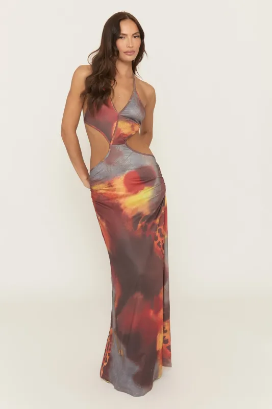 Multi Printed Cut Out Halterneck Maxi Dress - Rheo sold by Rebellious Fashion
