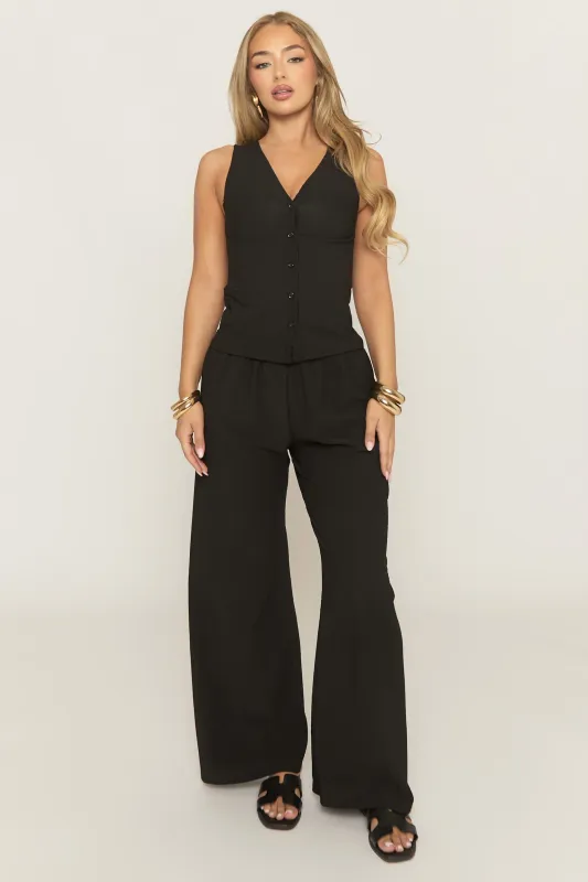 Black Crinkle Waistcoat and Wide Leg Trouser Co-ord Set - Oslo sold by Rebellious Fashion