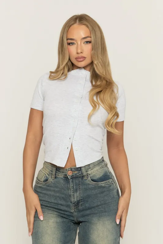 Grey Short Sleeve Button Front Rib Top - Rosheen sold by Rebellious Fashion