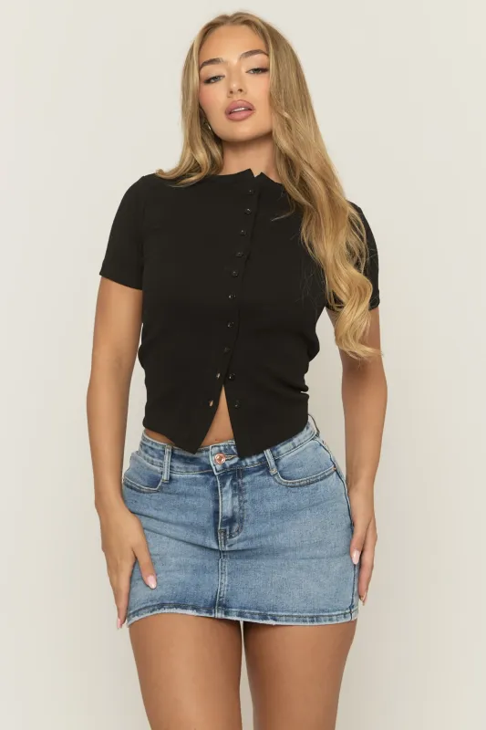 Black Short Sleeve Button Front Rib Top - Rosheen sold by Rebellious Fashion