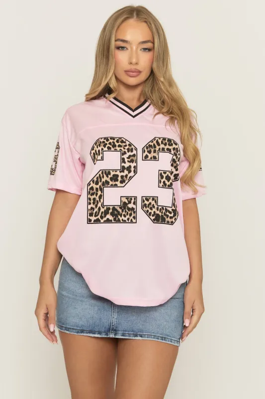 Pink Leopard Print Oversized Varsity Football T-Shirt - Arla sold by Rebellious Fashion