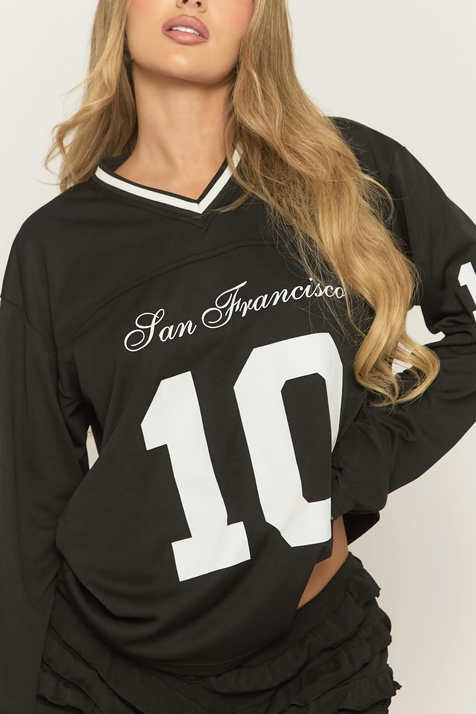 Black Long Sleeve Oversized Varsity Football T-shirt - Kamisa sold by Rebellious Fashion product image thumbnail 5
