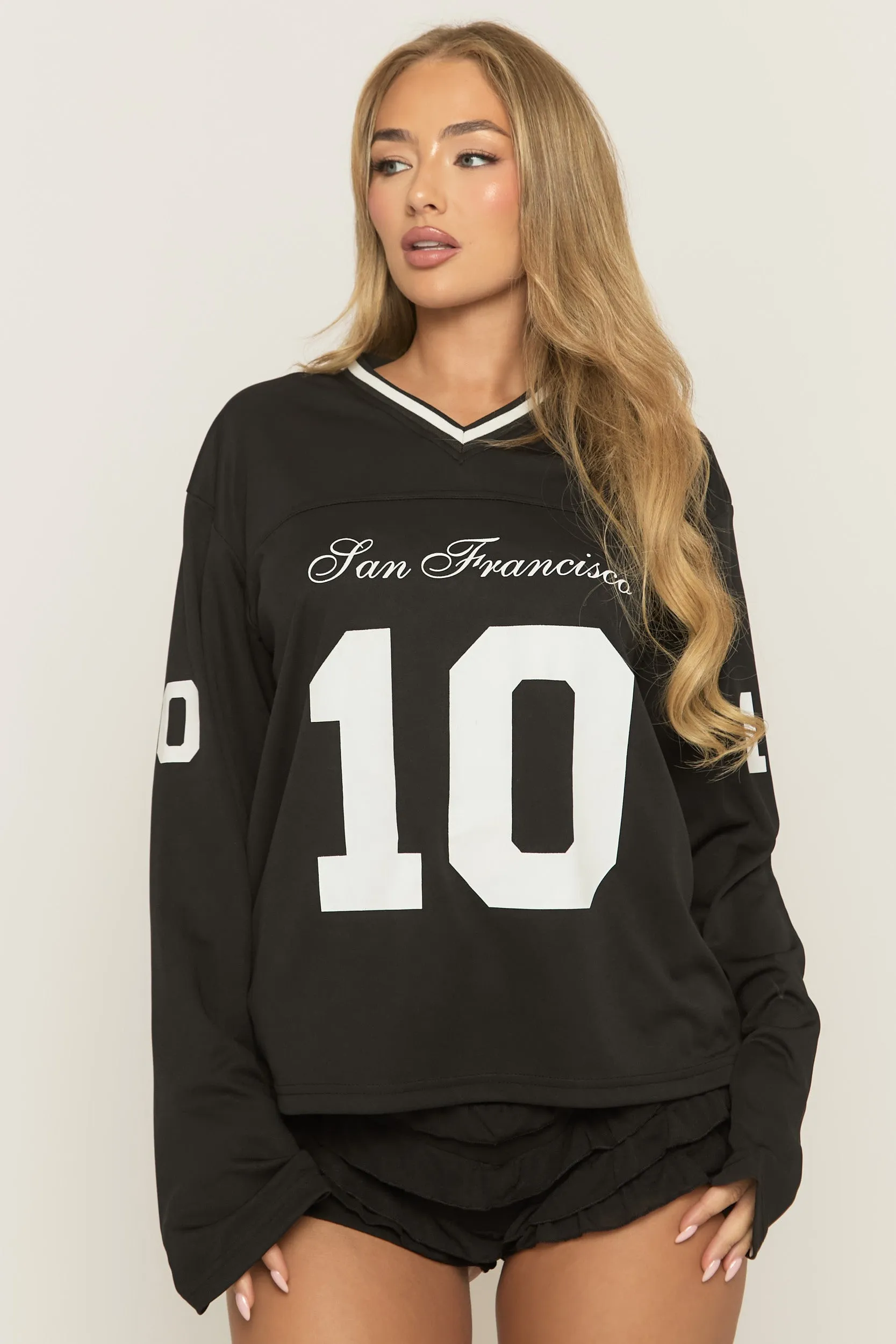 Black Long Sleeve Oversized Varsity Football T-shirt - Kamisa sold by Rebellious Fashion product image thumbnail 2