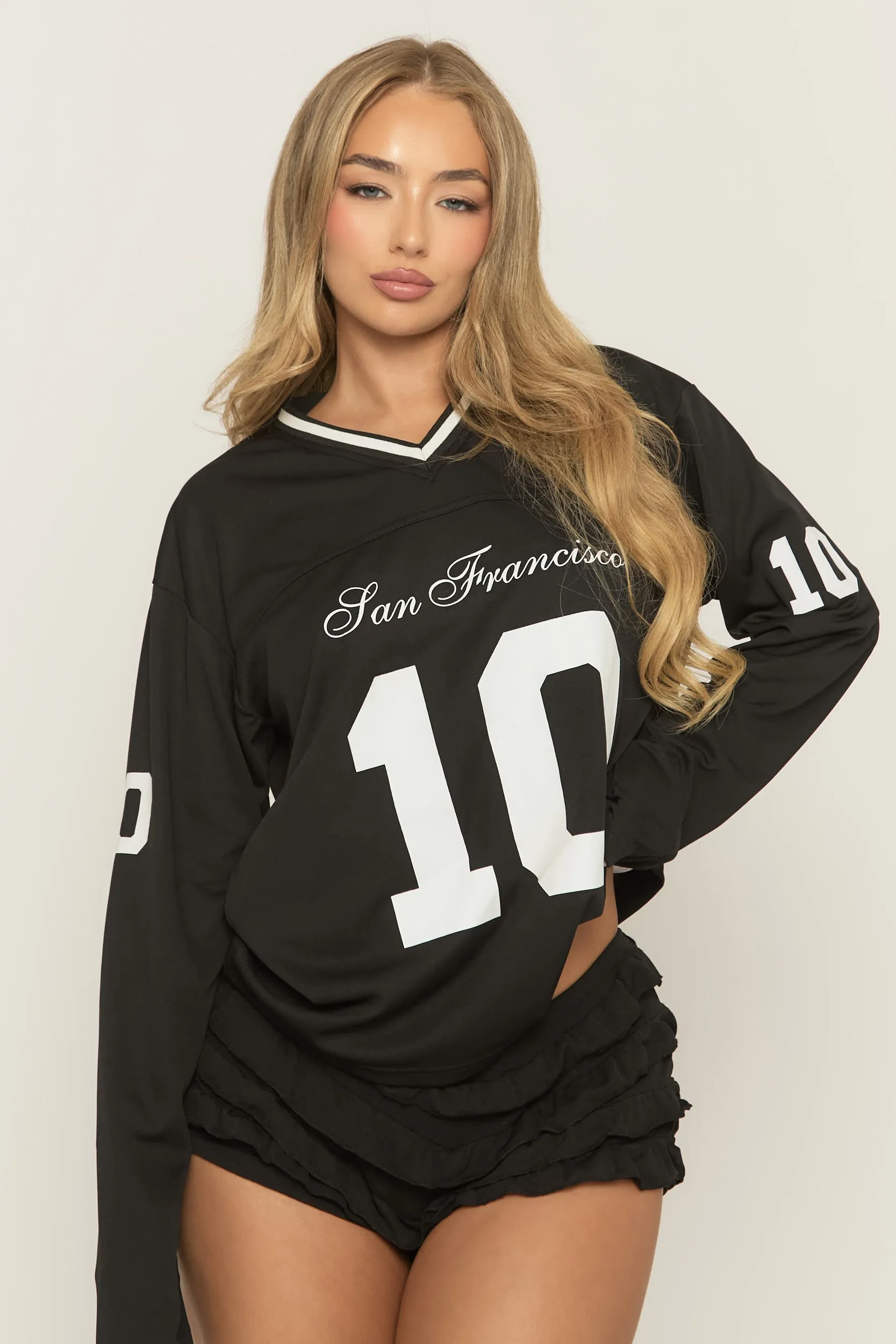 Black Long Sleeve Oversized Varsity Football T-shirt - Kamisa sold by Rebellious Fashion