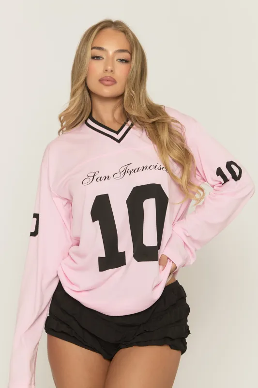 Pink Long Sleeve Oversized Varsity Football T-shirt - Kamisa sold by Rebellious Fashion