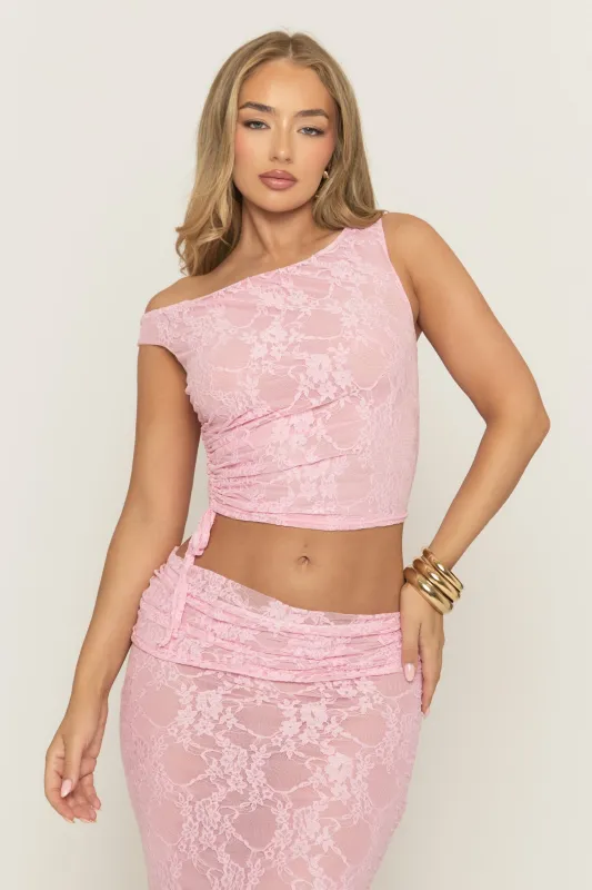Pink Lace Ruched Asymmetric Top - Jolane sold by Rebellious Fashion