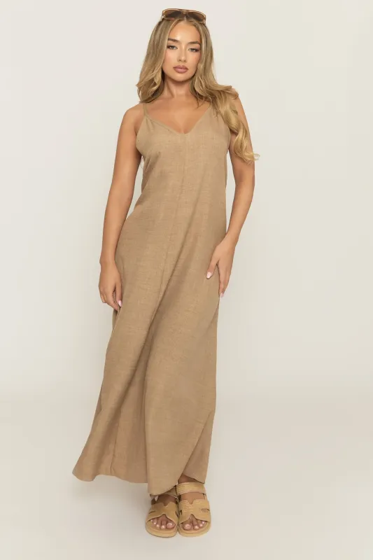 Sand Linen Look Strappy Maxi Dress - Mirri sold by Rebellious Fashion