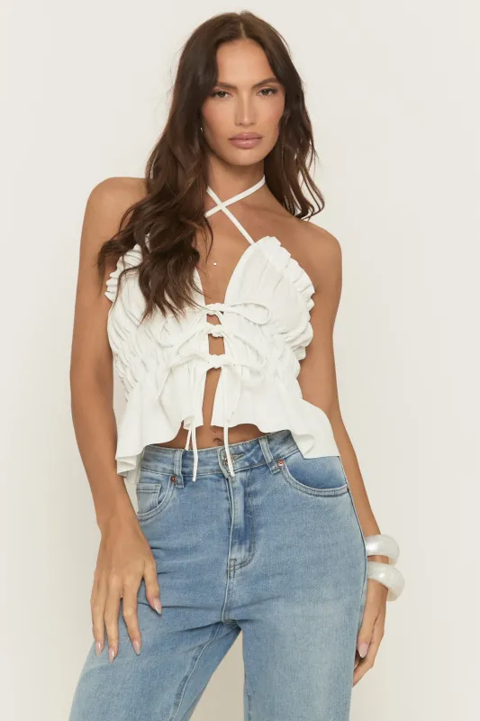 White Poplin Tie Front Crop Top - Akeeva sold by Rebellious Fashion