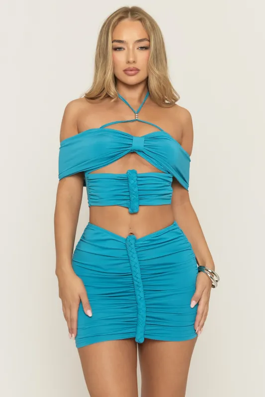 Blue Braided Detail Bardot Crop Top And Mini Skirt Co-Ord Set - Corinna sold by Rebellious Fashion