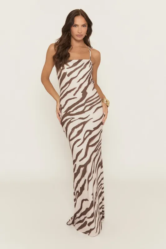 Brown Zebra Print Tie Back Maxi Dress - Corena sold by Rebellious Fashion