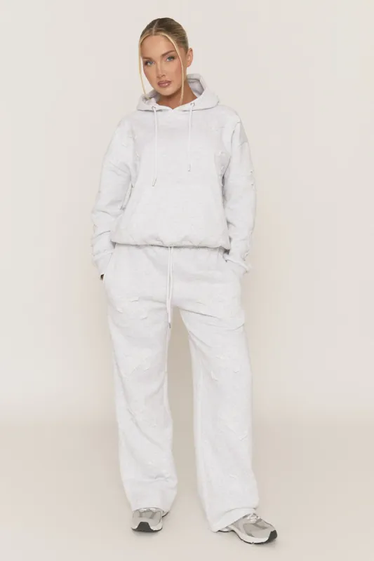 Grey Marl Cross Patch Detail Hoodie and Wide Leg Joggers Tracksuit Set - Ezmee sold by Rebellious Fashion