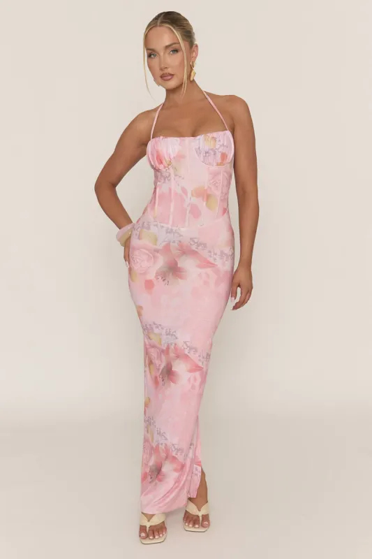 Pink Floral Print Corset Detail Maxi Dress - Marleena sold by Rebellious Fashion