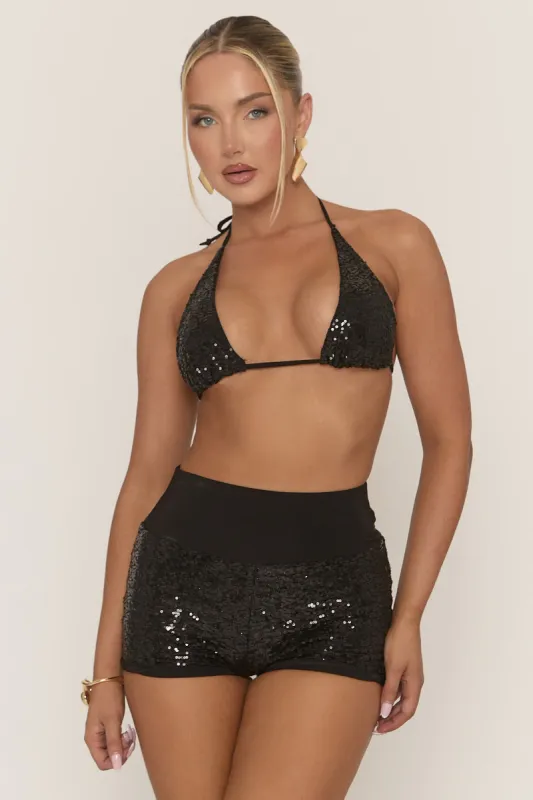 Black Sequin Bralet And Shorts Co-Ord Set - Roselea sold by Rebellious Fashion