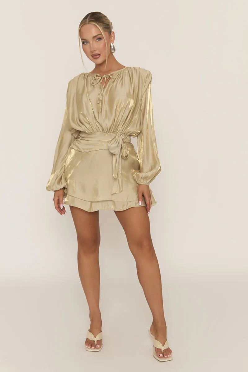 Gold Long Sleeve Tie Detail Ruffle Dress - Zeta sold by Rebellious Fashion product image thumbnail 5