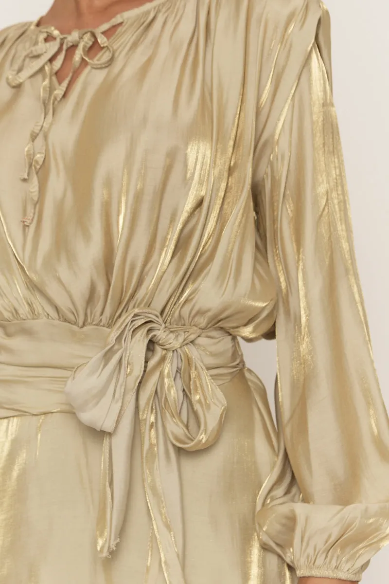 Gold Long Sleeve Tie Detail Ruffle Dress - Zeta sold by Rebellious Fashion product image thumbnail 3