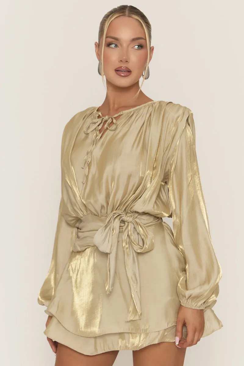 Gold Long Sleeve Tie Detail Ruffle Dress - Zeta sold by Rebellious Fashion product image thumbnail 2