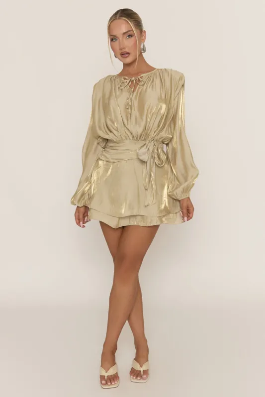 Gold Long Sleeve Tie Detail Ruffle Dress - Zeta sold by Rebellious Fashion