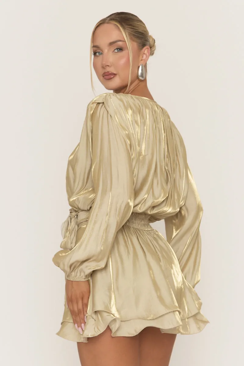Gold Long Sleeve Tie Detail Ruffle Dress - Zeta sold by Rebellious Fashion product image thumbnail 4