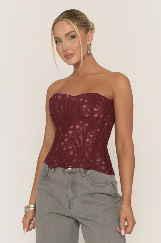 Wine Mesh Lace Bandeau Corset - Ezmi sold by Rebellious Fashion