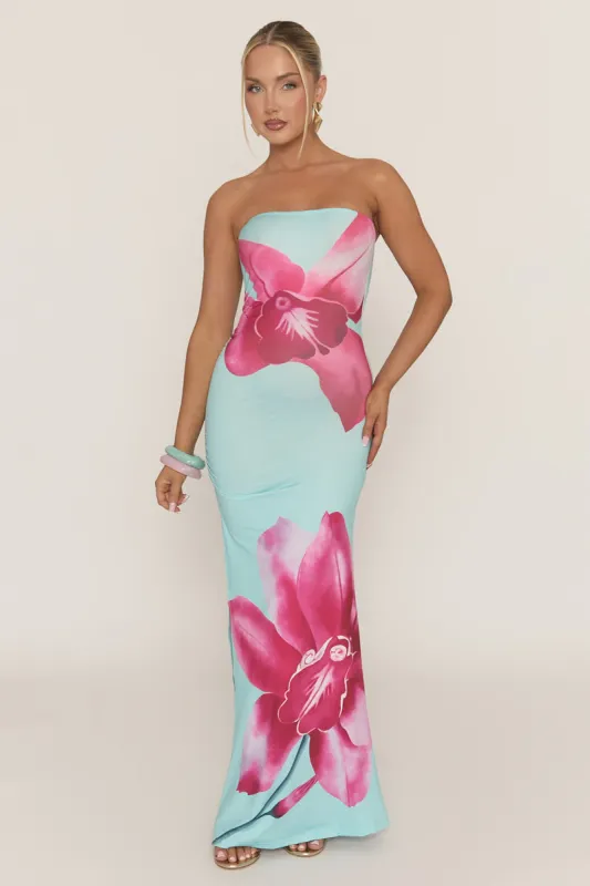 Blue Bandeau Floral Print Maxi Dress - Simina sold by Rebellious Fashion
