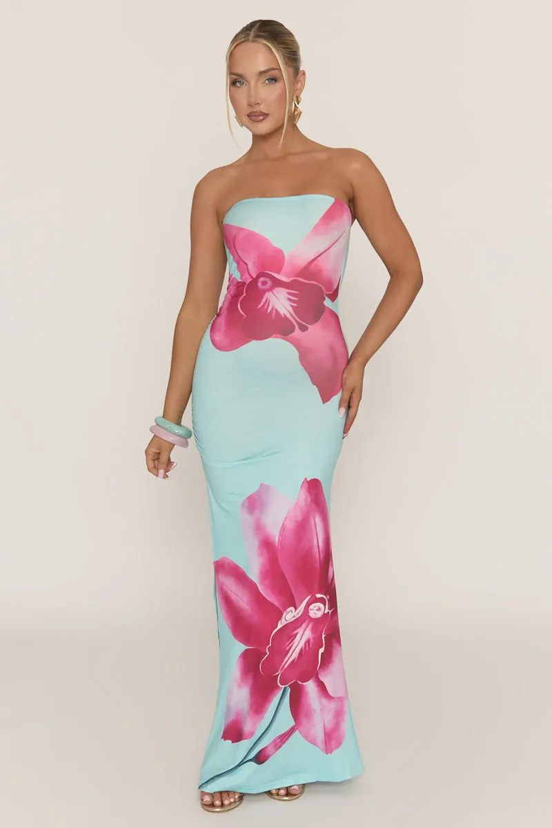 Blue Bandeau Floral Print Maxi Dress - Simina sold by Rebellious Fashion