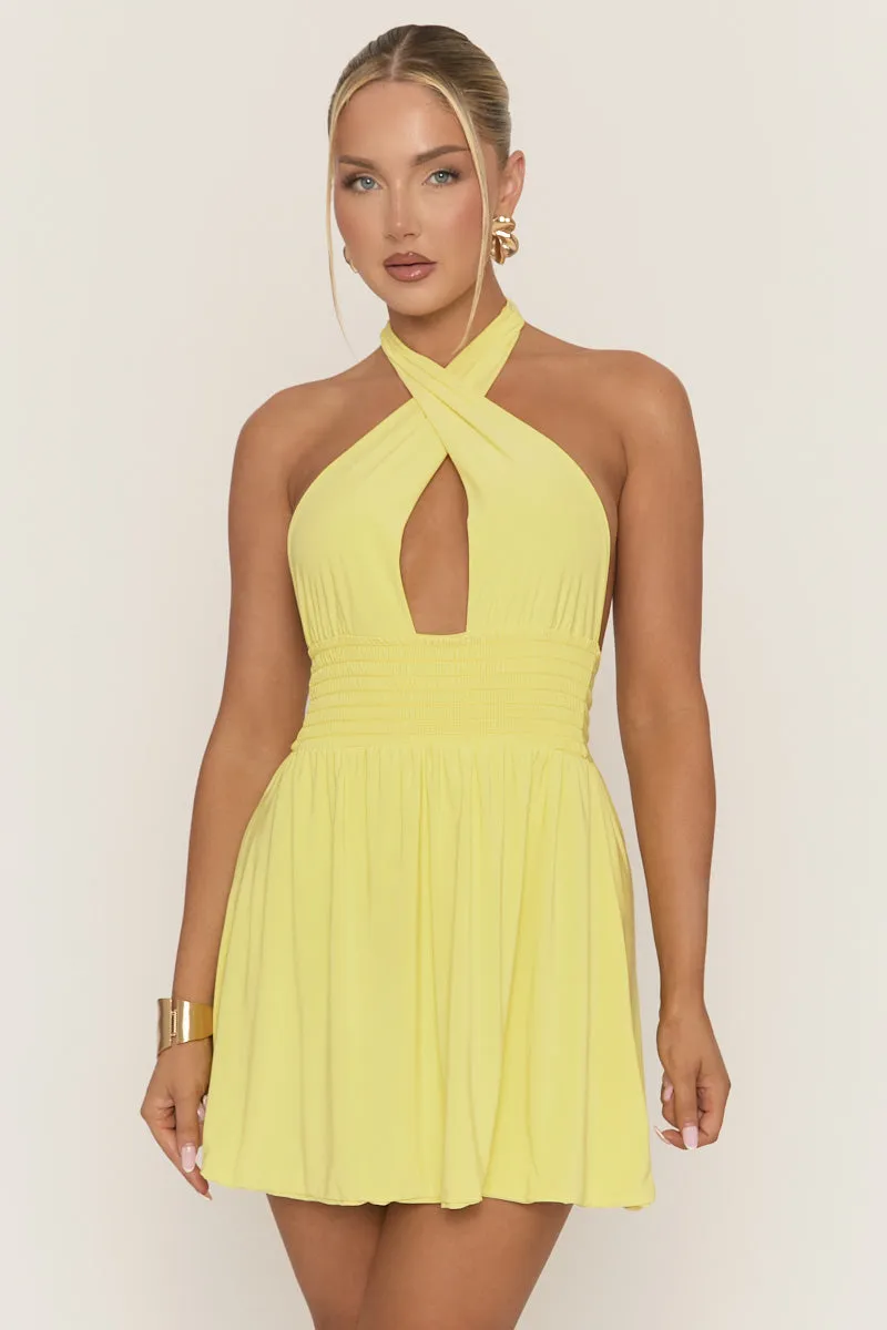 Yellow Halterneck Shirred Skater Dress - Chantella sold by Rebellious Fashion product image thumbnail 2