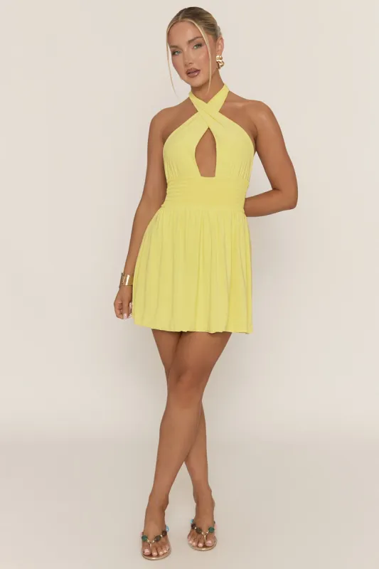 Yellow Halterneck Shirred Skater Dress - Chantella sold by Rebellious Fashion