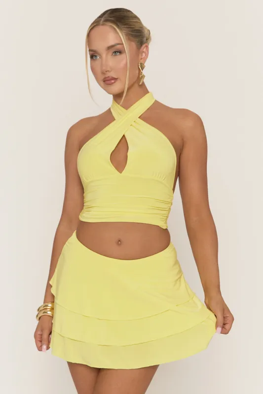 Yellow Halterneck Top and Ruffle Mini Skirt Co-ord Set - Almera sold by Rebellious Fashion