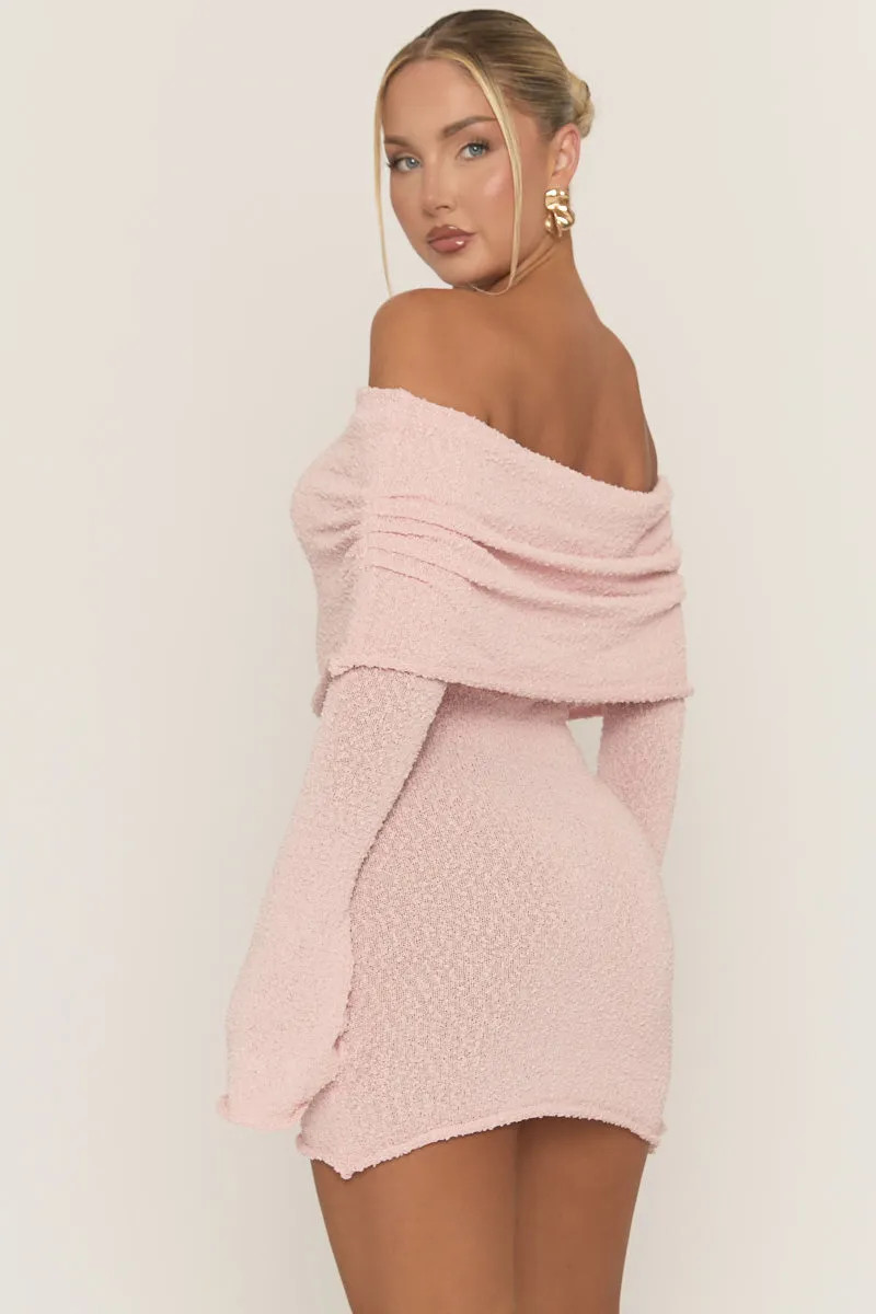 Pink Textured Knit Bardot Mini Dress - Emelia sold by Rebellious Fashion product image thumbnail 4