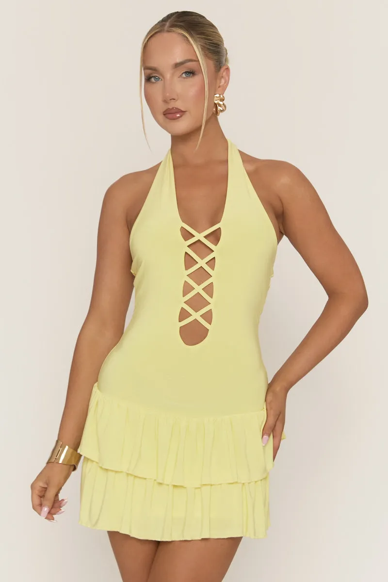 Yellow Laceup Frill Hem Mini Dress - Aubrella sold by Rebellious Fashion