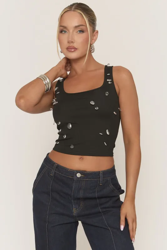 Black Rib Crystal Embellished Tank Top - Anastacia sold by Rebellious Fashion