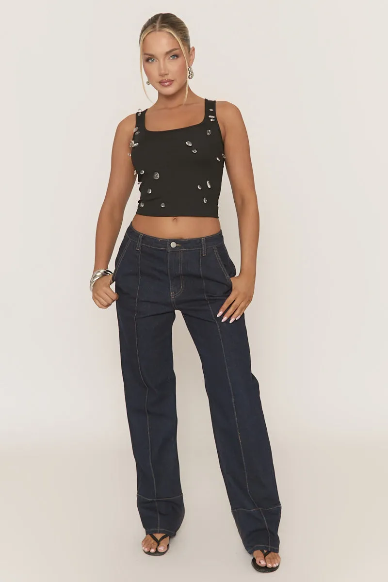 Black Rib Crystal Embellished Tank Top - Anastacia sold by Rebellious Fashion product image thumbnail 2