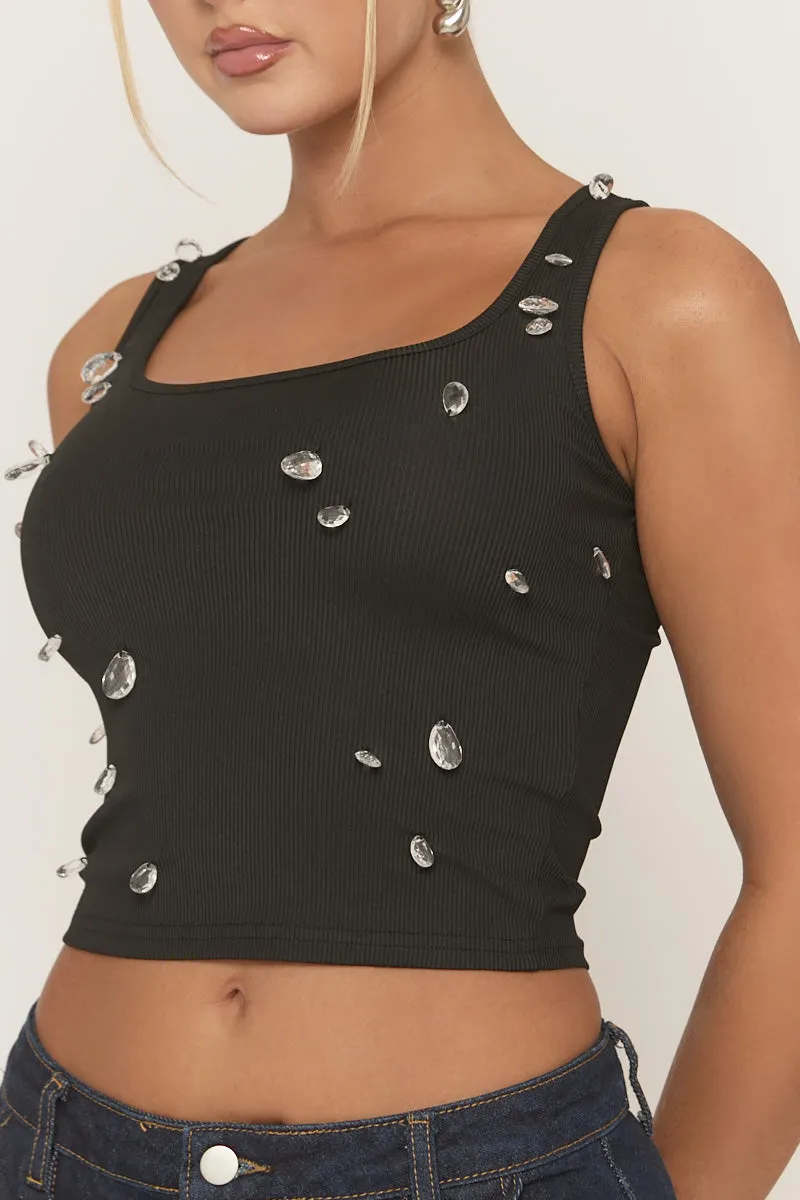 Black Rib Crystal Embellished Tank Top - Anastacia sold by Rebellious Fashion product image thumbnail 3