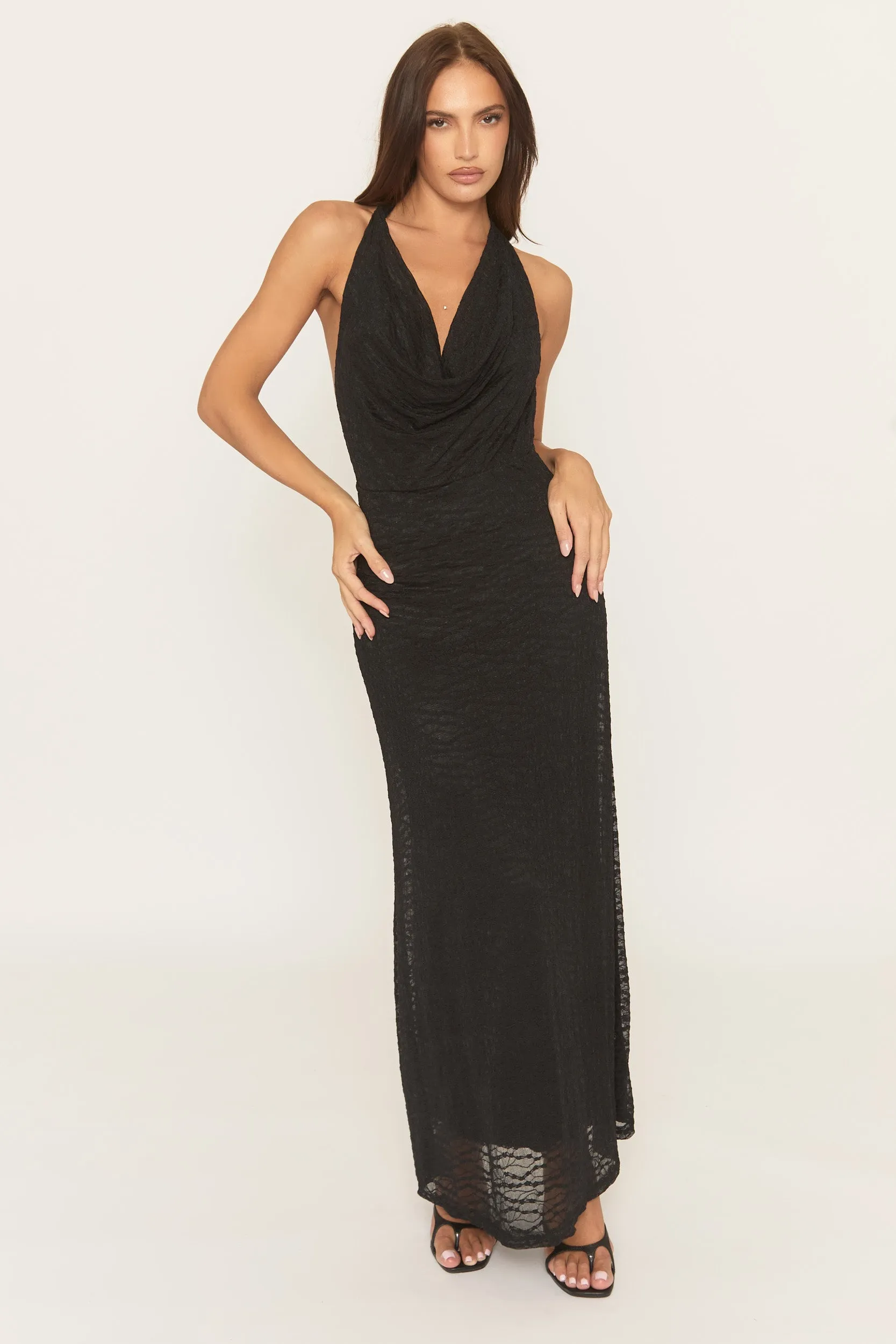 Black Lace Cowl Maxi Dress - Selora sold by Rebellious Fashion product image thumbnail 2