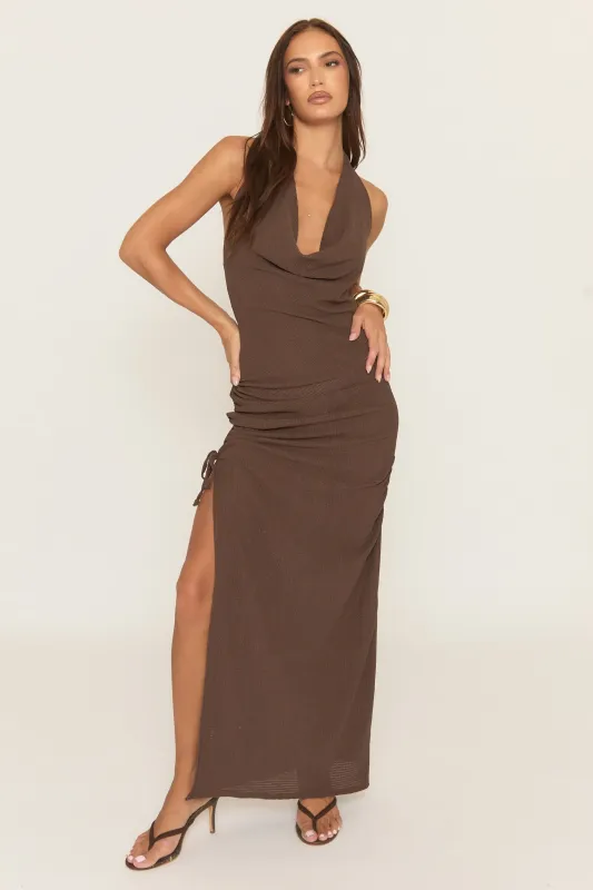 Brown Textured Cowl Neck Maxi Dress - Toray sold by Rebellious Fashion