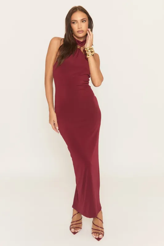 Wine Gold Trim Halterneck Maxi Dress - Maryanne sold by Rebellious Fashion